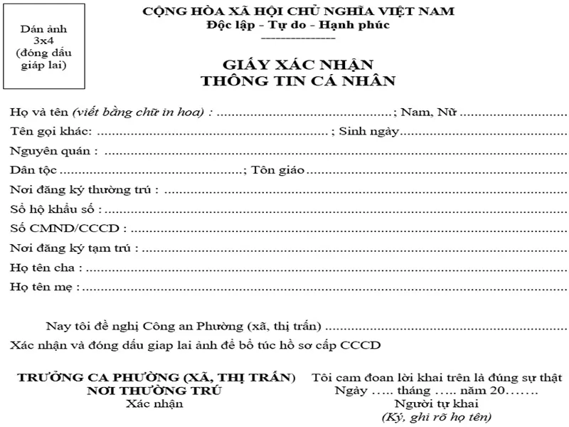 giấy xác nhận thông tin cá nhân