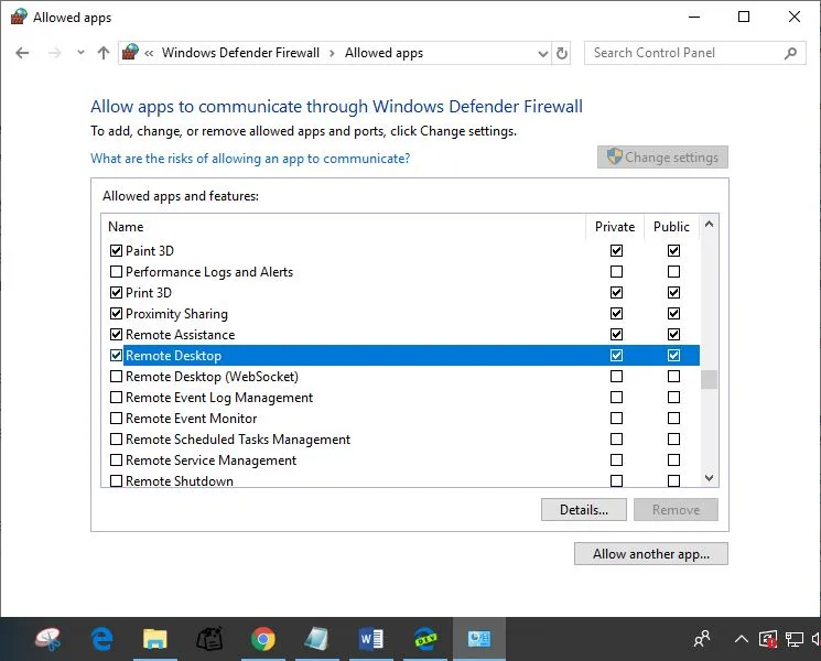 Allow remote desktop from firewall settings