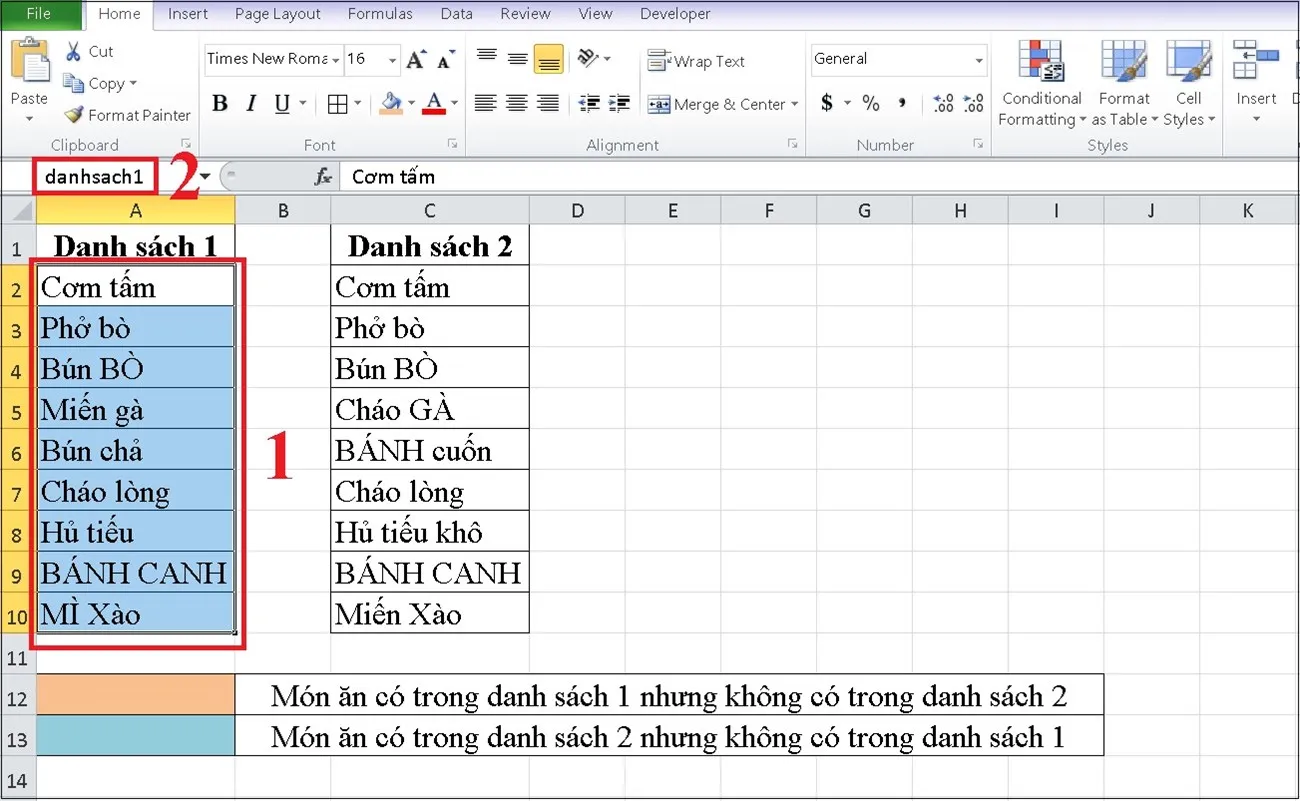 Chọn hết ô chứa dữ liệu cần so sánh của cột đầu tiên chứa dữ liệu  nhập tên  nhấn Enter