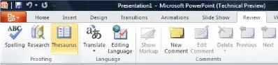 Từ điển đồng nghĩa trong tab Xem lại của Ribbon PowerPoint